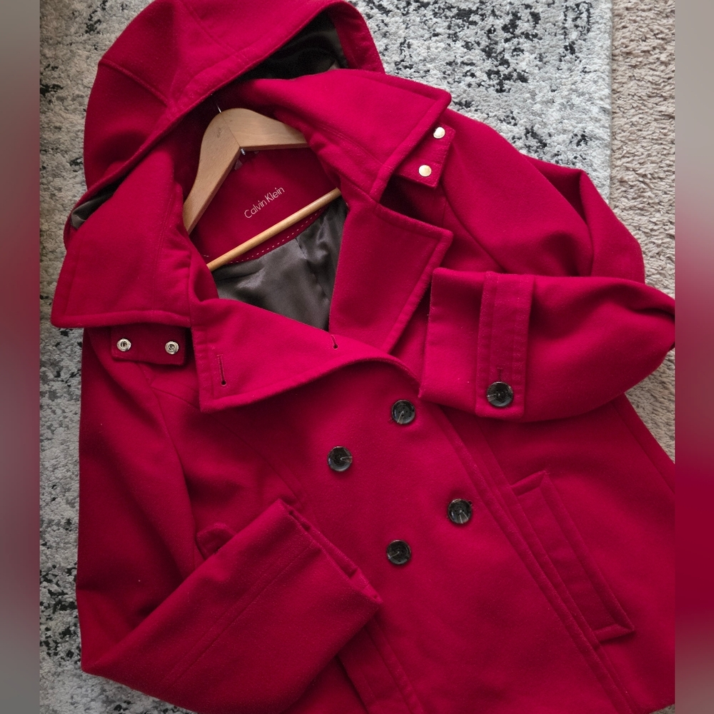 Calvin Klein Double Breasted Peacoat Detachable Hood Womens 10 Preppy City Chic